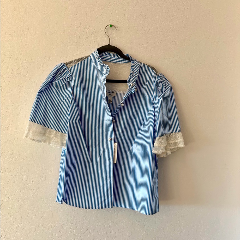Halston Blue & White Striped Lace Trim Blouse | Short Sleeve | New With Tags